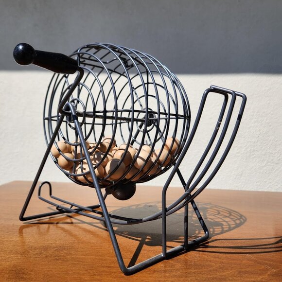 VINTAGE Bingo Cage with Wooden Etched Balls Spinning Handle Board Game Table Gam - Picture 1 of 12